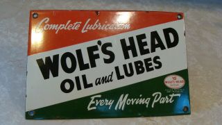 VINTAGE WOLF ' S HEAD MOTOR OIL AND LUBES SERVICE STATION PORCELAIN ENAMEL SIGN 2
