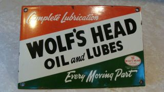 VINTAGE WOLF ' S HEAD MOTOR OIL AND LUBES SERVICE STATION PORCELAIN ENAMEL SIGN 3