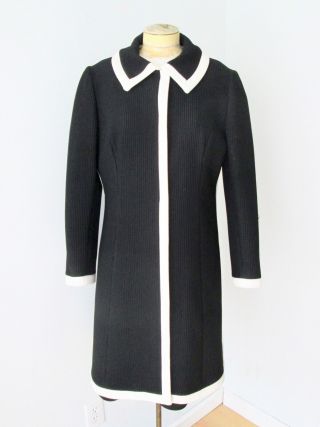 Vtg 60s Mod Lilli Ann Black White Ribbed Poly Knit 2 - Pc Dress Coat Suit Set L