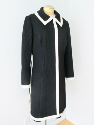 Vtg 60s mod Lilli Ann black white ribbed poly knit 2 - pc dress coat suit set L 2