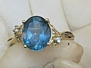 Vintage 14k Gold Natural Blue Topaz & White Ring Gemstone Designer Signed Gsk