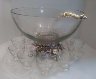 Vintage Pitman - Dreitzer Glass Punch Bowl,  Silver Base With Cups,  Hooks And Ladle