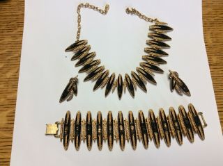 Vintage Runway Couture Modernist 15” Necklace 7” Bracelet Clip Earrings Amerique