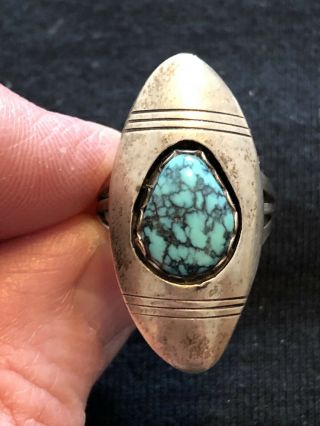 Vtg Old Native American Sterling Long Spiderweb Turquoise Ring Size 7 Signed Ey
