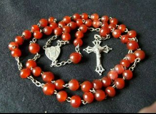 Ci.  Late 19th C Antique French Carnelian Rosary Silver Plated Stone Beads