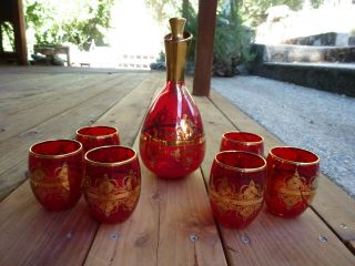 Vintage Murano Venetian Ruby Red & 24k Gold Decanter & 6 Glasses Set Gorgeous
