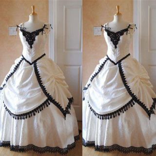 White And Black Lace Gothic Wedding Dresses Vintage Princess Bridal Ball Gowns