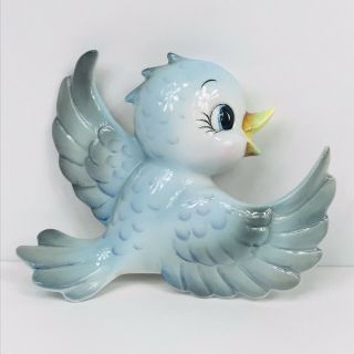 Vintage Lefton Mama Bluebird Blue Bird Wall Cermaic Plaque Pocket Figurine