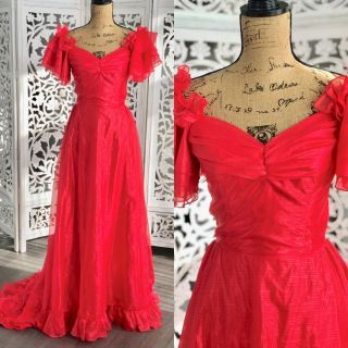 70s Vintage Red Boho Victorian Dress Size Xs