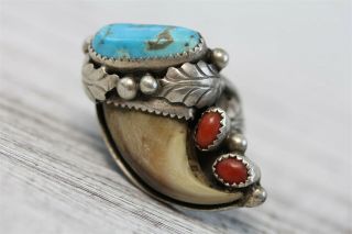 Vtg Indian Turquoise Coral Bear Claw Sterling Silver 925 Ring Mens Native 9.  75