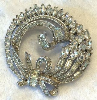 C.  1940s Signed Mazer Intricate Rhodium Plated & Rhinestone Laurel Wreath Brooch
