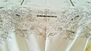 Large 98 67 Vintage Madeira Hand Embroidered Ivory Banquet Tablecloth 12 Napkins