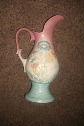 Vintage Hull Pottery Large Bow Knot Pitcher / Ewer B - 15 - 13 1/2” Pastel Flowers