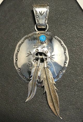 Vintage Sterling Silver Navajo Feather & Turquoise Pendant Signed P.  B.