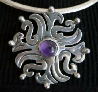 Vintage Sterling Taxco Necklace With Amethyst By Mmp - 2 1/4 Inches Pendant,  18 "