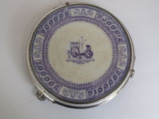 Antique Victorian Trivet Tile in Silver Plate Frame 2