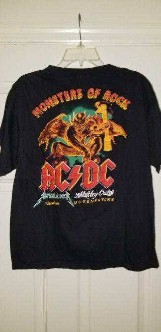 VINTAGE 80 ' S MONSTERS OF ROCK CONCERT T SHIRT AC/DC METALLICA MOTLEY CRUE TEE L 2