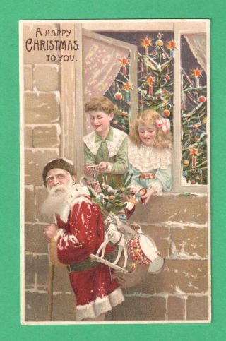 Vintage Htl Christmas Postcard Santa Claus Children Window Tree Sack Toys