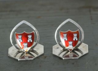 2 Antique English Hallmarked Sterling Silver Enamel Crest Place Card Holders