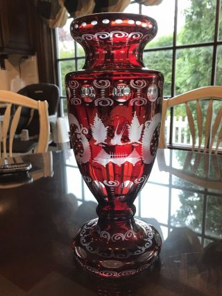 Vintage Bohemian Ruby Red Cut To Clear Glass Deer Stag Blackforest Egermann Vase