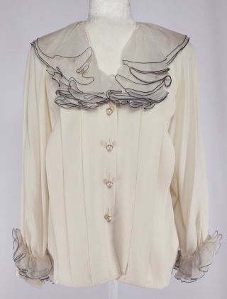 Vintage Chanel 100 Silk Pleated Ruffle Trim Button Front Blouse