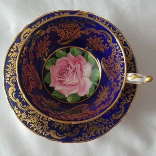 Vintage Paragon Large Pink Cabbage Rose Cobalt Blue Gold Gilt Cup And Saucer