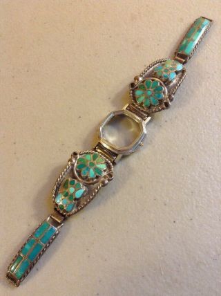 Vintage V & L Dishta Signed Sterling Silver Zuni Style Turquoise Wristwatch Band