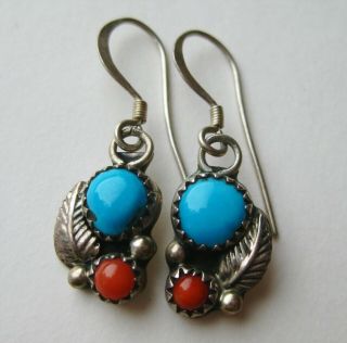 Vtg Navajo Indian Sterling Silver Turquoise Coral Pierced Drop Dangle Earrings