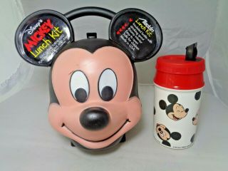 Vintage Disney Aladdin Mickey Mouse Head Lunch Box With Mickey Thermos