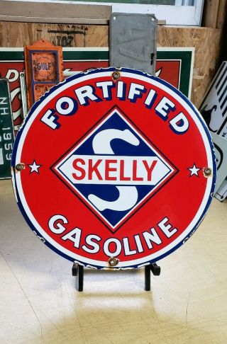 Skelly Fortified Gasoline Porcelain Sign Vintage Gas Motor Oil Pump Plate