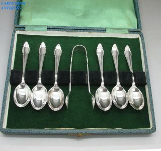 Vintage Pretty Set 6 Solid Sterling Silver Coffee Spoons And Sugar Nips 90g 1944