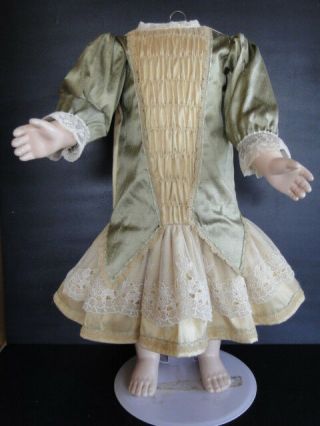 Green/beige Silk French Doll Dress - Antique Style For 24 - 26 " Doll - Made In France