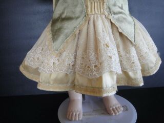 Green/beige silk french Doll Dress - Antique Style for 24 - 26 