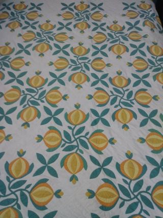 Vintage Handmade Quilt Queen Yellow Green Oranges Floral Bedspread Antique Craft