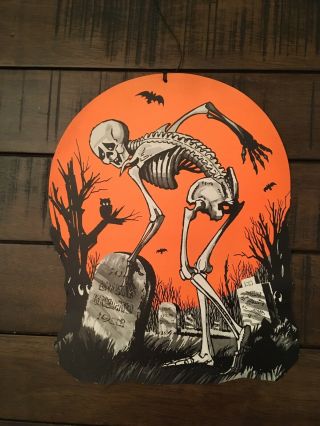 Vintage Halloween Die Cut Skeleton In Graveyard Rare
