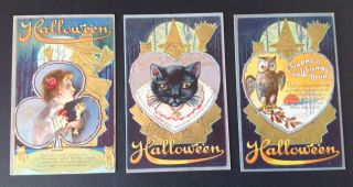 Vintage Halloween Postcards (3) Charms Of The Witching Hour,  Gold Accents