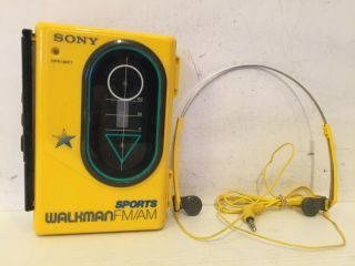 Vtg Sony Walkman Sports Cassette Am Fm Player Wm - F45 Yellow Mdr - W15 Headphones