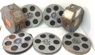 2 Vintage Metal Movie Reel Film Cases With Labels And 5 Full Film Reels