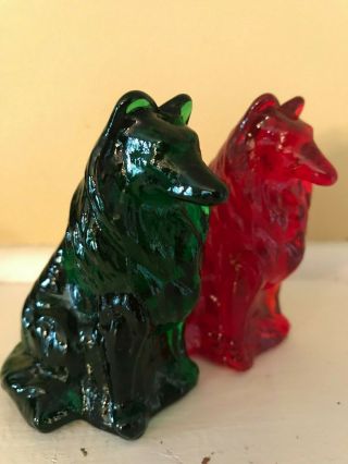 2 Vintage Mosser Glass Collie Dog Figurines - 1 Green,  1 Red