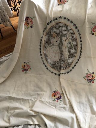 Fabulous Vintage Hand Embroidered Bedspread Coverlet Romantic Couple