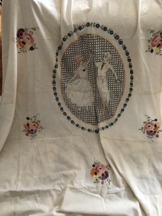 Fabulous Vintage Hand Embroidered Bedspread Coverlet Romantic Couple 2