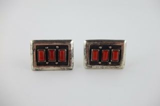 Vintage 1950s Navajo Modernist Red Coral Sterling Silver Cufflinks,  Signed Ore