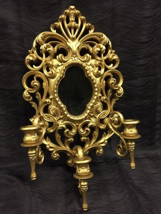 Vintage Homco Home Interior Ornate Gold Burwood Mirror Candleholder Sconce 2211