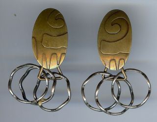 Vintage Unsigned Marjorie Baer Brass & Silver Dangle Clip Earrings