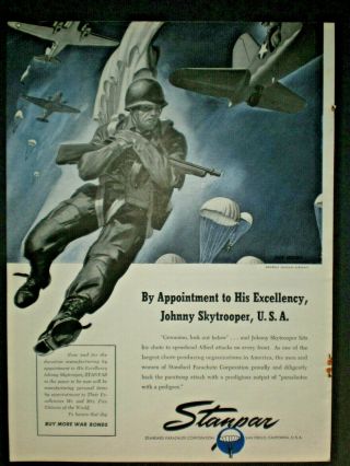 1944 Paratrooper Johnny Skytrooper Wwii Standard Parachute Vtg Trade Print Ad