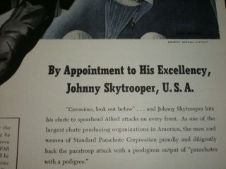 1944 PARATROOPER JOHNNY SKYTROOPER WWII STANDARD PARACHUTE vtg Trade print ad 3