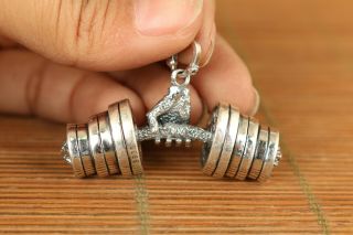 Old Solid S925 Silver Weightlifting Refueling Statue Pendant Netsuke Necklace