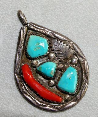 Vintage " Wayne C " Zuni Sterling Silver Turquoise Coral Pendant