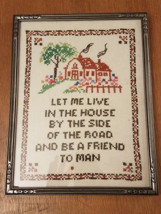 Vintage Cross Stitch Linen Sampler “let Me Live In The House.  Friend To Man "