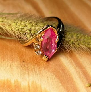 Vintage 10 K Yellow Gold & Marquis Pink Sapphire Ring W/ Moissonite Stones 6
